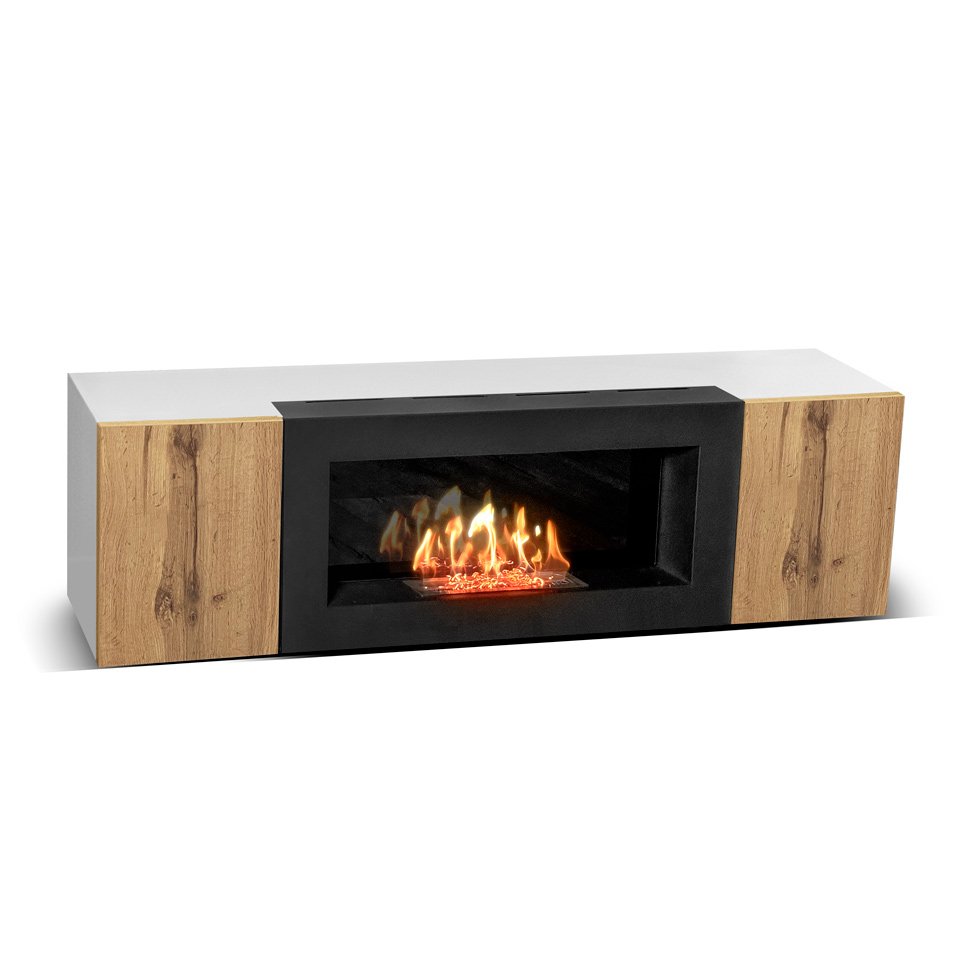 Тумба под ТВ с биокамином SteelHeat IMOLA 140 см (корпус белый / фасады дуб Вотан)